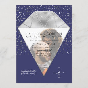 Navy Silver Diamond Confetti Glitter Fotobruiloft Kaart