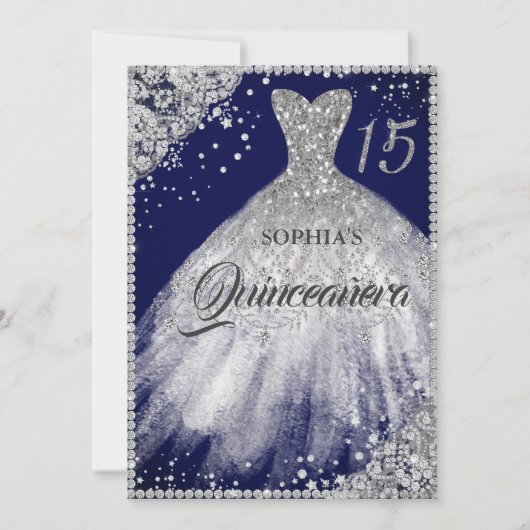 Navy Silver Diamond Kant Sparkle Gown Quinceanera Kaart (Voorkant)