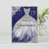 Navy Silver Diamond Kant Sparkle Gown Quinceanera Kaart (Staand voorkant)