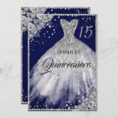 Navy Silver Diamond Kant Sparkle Gown Quinceanera Kaart (Voorkant / Achterkant)