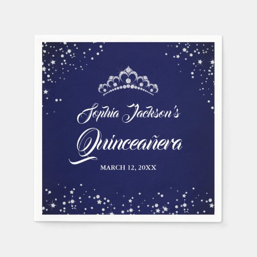 Navy Silver Diamond Kant Sparkle Gown Quinceanera Servet (Voorkant)