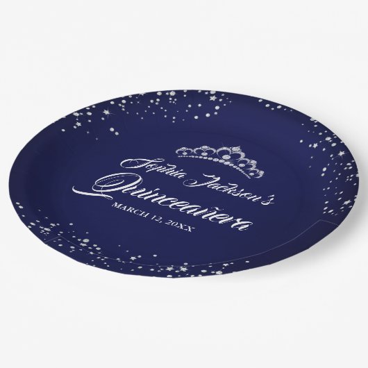 Navy Silver Diamond Sparkle Gown Quinceanera Papieren Bordje (Gekanteld)