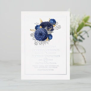 Navy, Silver en Gold Floral Wedding Folie Uitnodiging