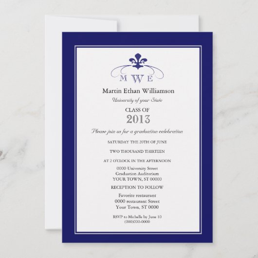 Navy Silver en White Fleur de Lis Formele Afstuder Kaart (Voorkant)
