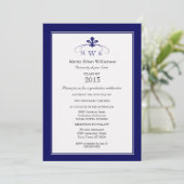 Navy Silver en White Fleur de Lis Formele Afstuder Kaart (Staand voorkant)
