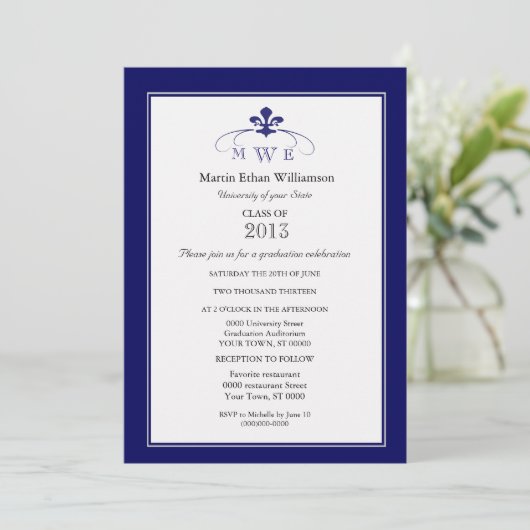 Navy Silver en White Fleur de Lis Formele Afstuder Kaart (Staand voorkant)