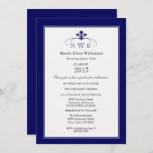 Navy Silver en White Fleur de Lis Formele Afstuder Kaart (Voorkant / Achterkant)