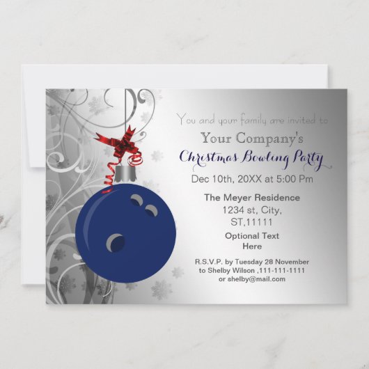 navy Silver Festive Corporate Bowling party Invite Kaart (Voorkant)