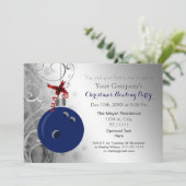 navy Silver Festive Corporate Bowling party Invite Kaart (Staand voorkant)