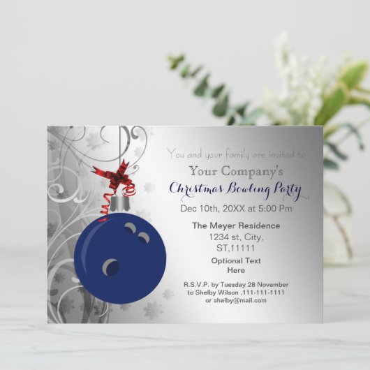 navy Silver Festive Corporate Bowling party Invite Kaart (Staand voorkant)