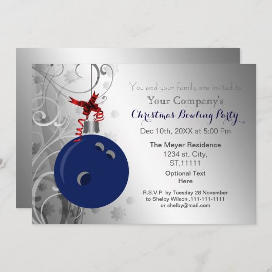 navy Silver Festive Corporate Bowling party Invite Kaart (Voorkant / Achterkant)