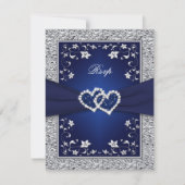 Navy Silver Floral Hearts FAUX Foil Wedding RSVP (Voorkant)