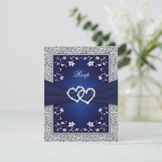 Navy Silver Floral Hearts FAUX Foil Wedding RSVP (Staand voorkant)