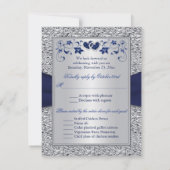 Navy Silver Floral Hearts FAUX Foil Wedding RSVP (Achterkant)