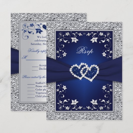Navy Silver Floral Hearts FAUX Foil Wedding RSVP (Voorkant / Achterkant)