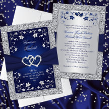 Navy Silver Floral Hearts FAUX Folie Wedding Invit