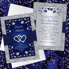 Navy Silver Floral Hearts FAUX Folie Wedding Invit Kaart