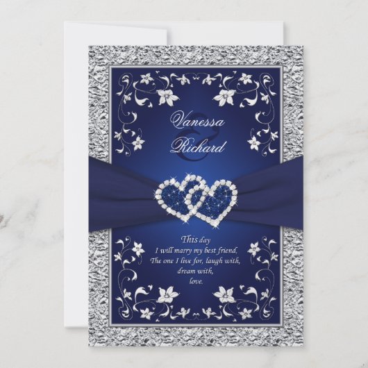 Navy Silver Floral Hearts FAUX Folie Wedding Invit Kaart (Voorkant)