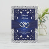 Navy Silver Floral Hearts FAUX Folie Wedding Invit Kaart (Staand voorkant)