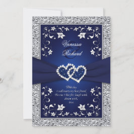 Navy Silver Floral Hearts FAUX Folie Wedding Invit Kaart
