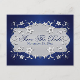 Navy, Silver Floral, Hearts Save the Date Briefkaa Aankondigingskaart