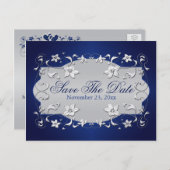 Navy, Silver Floral, Hearts Save the Date Briefkaa Aankondigingskaart (Voorkant / Achterkant)