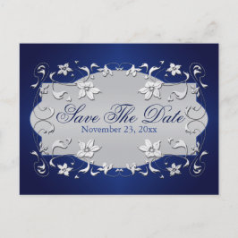 Navy, Silver Floral, Hearts Save the Date Briefkaa Aankondigingskaart