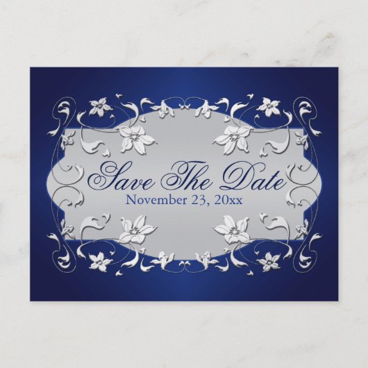 Navy, Silver Floral, Hearts Save the Date Briefkaa Aankondigingskaart (Voorkant)