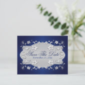 Navy, Silver Floral, Hearts Save the Date Briefkaa Aankondigingskaart (Staand voorkant)