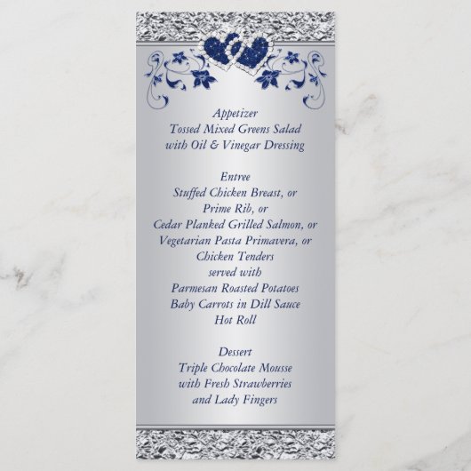 Navy, Silver Floral Joined Hearts Menu Kaart (Achterkant)