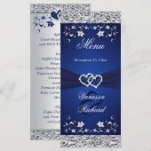 Navy, Silver Floral Joined Hearts Menu Kaart (Voorkant / Achterkant)