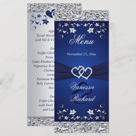 Navy, Silver Floral Joined Hearts Menu Kaart (Voorkant / Achterkant)