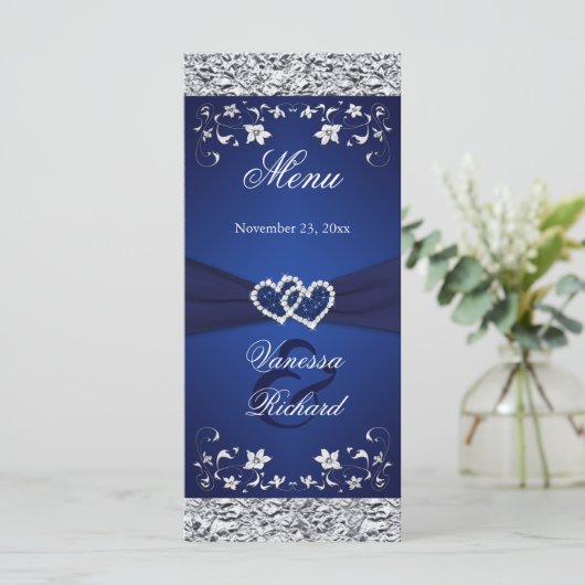 Navy, Silver Floral Joined Hearts Menu Kaart (Staand voorkant)