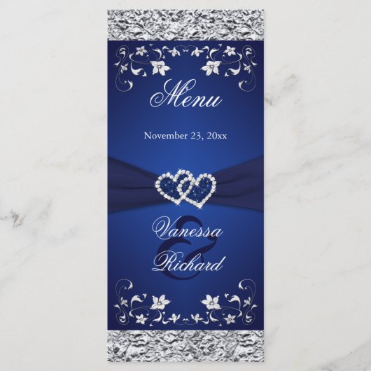 Navy, Silver Floral Joined Hearts Menu Kaart (Voorkant)