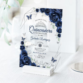 Navy Silver Floral Quinceanera Acryl Uitnodigingen