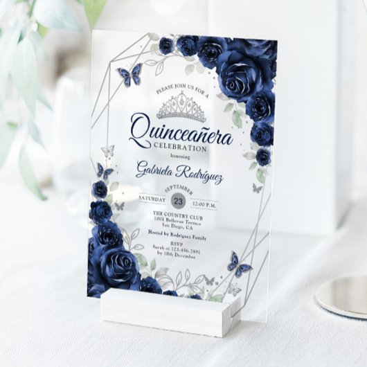 Navy Silver Floral Quinceanera Acryl Uitnodigingen