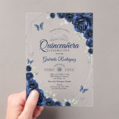 Navy Silver Floral Quinceanera Acryl Uitnodigingen (Insitu (Draagbaar))