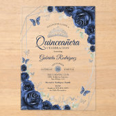 Navy Silver Floral Quinceanera Acryl Uitnodigingen (Voorkant)
