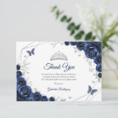 Navy Silver Floral Quinceanera Bedankkaart (Staand voorkant)