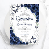 Navy Silver Floral Quinceanera Kaart