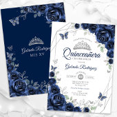 Navy Silver Floral Quinceanera Kaart