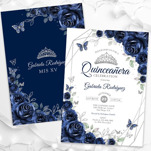 Navy Silver Floral Quinceanera Kaart