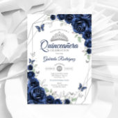 Navy Silver Floral Quinceanera Kaart