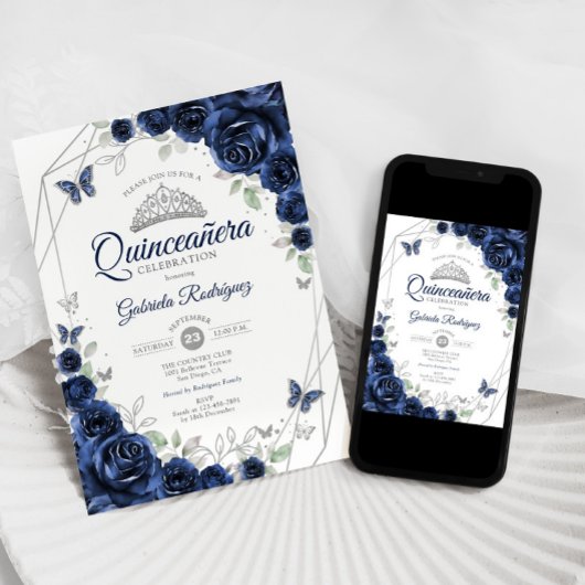 Navy Silver Floral Quinceanera Kaart