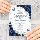 Navy Silver Floral Quinceanera Kaart