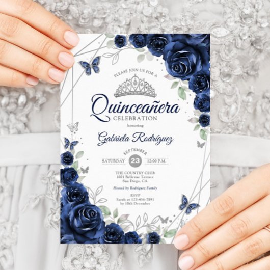 Navy Silver Floral Quinceanera Kaart