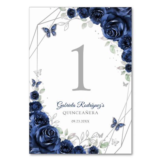 Navy Silver Floral Quinceanera Kaart (Voorkant)