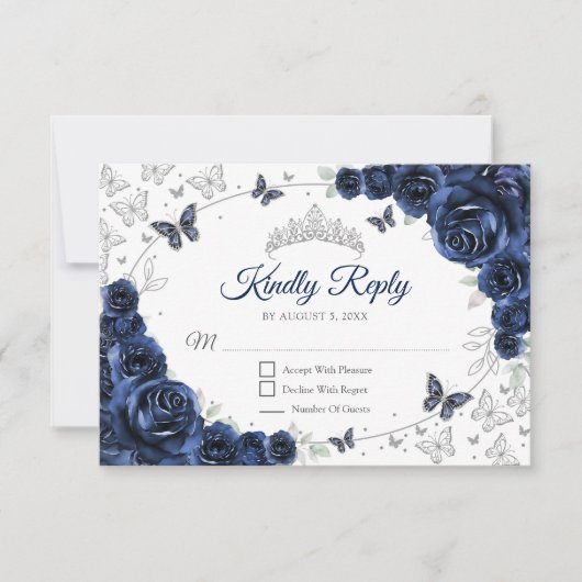 Navy Silver Floral Quinceanera Reply RSVP Kaartje (Voorkant)