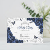 Navy Silver Floral Quinceanera Reply RSVP Kaartje (Staand voorkant)