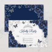 Navy Silver Floral Quinceanera Reply RSVP Kaartje (Voorkant / Achterkant)